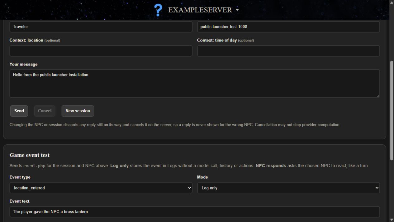 ExampleServer dashboard Conversation page in mock mode, showing player name, session, optional context fields, the Your message box with Send, Cancel and New session buttons, and the Game event test panel below with Event type and Mode fields.