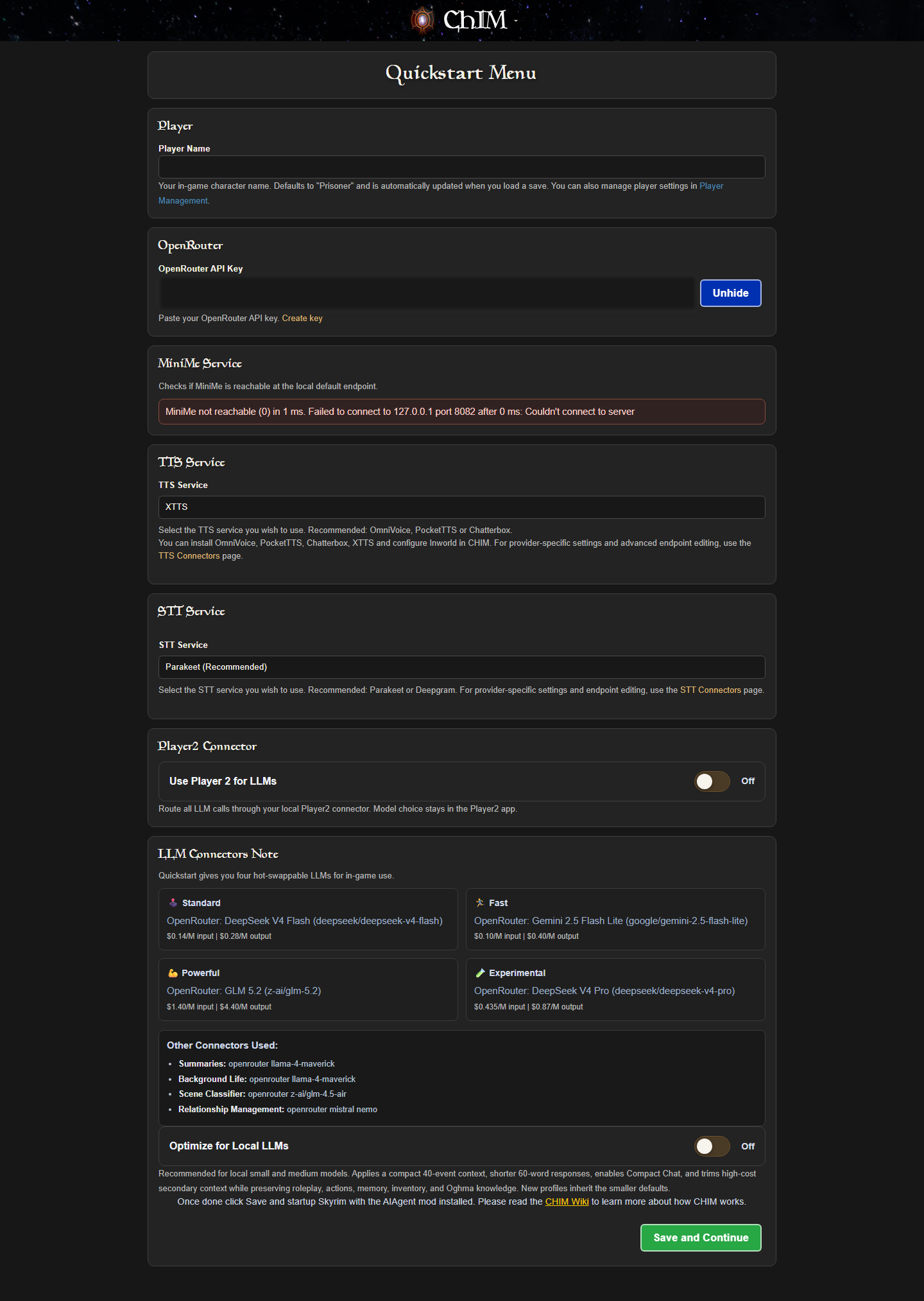 CHIM web Quickstart Menu with player, OpenRouter, TTS, STT, Player2, and LLM settings