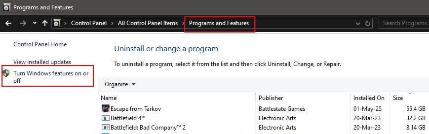 Control Panel - Programs and Features - Turn Windows features on or off