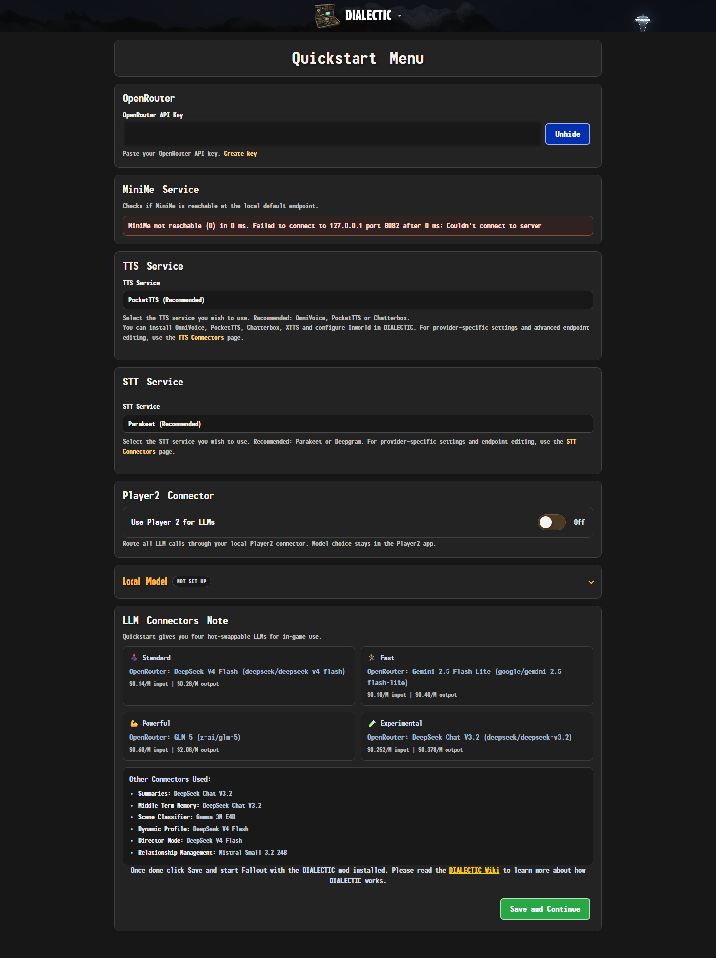 Dialectic web Quickstart Menu with OpenRouter, MiniMe, TTS, STT, Player2, local model, and LLM settings