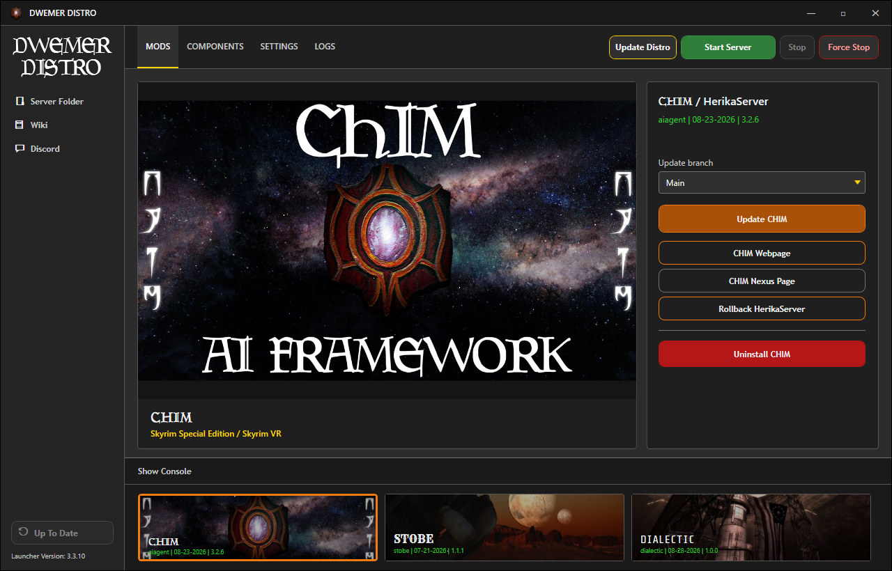 DwemerDistro CHIM Mods page with Update CHIM and CHIM Webpage controls