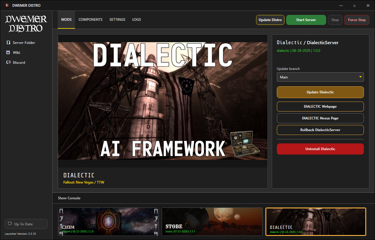 DwemerDistro Dialectic Mods page with Update Dialectic and DIALECTIC Webpage controls