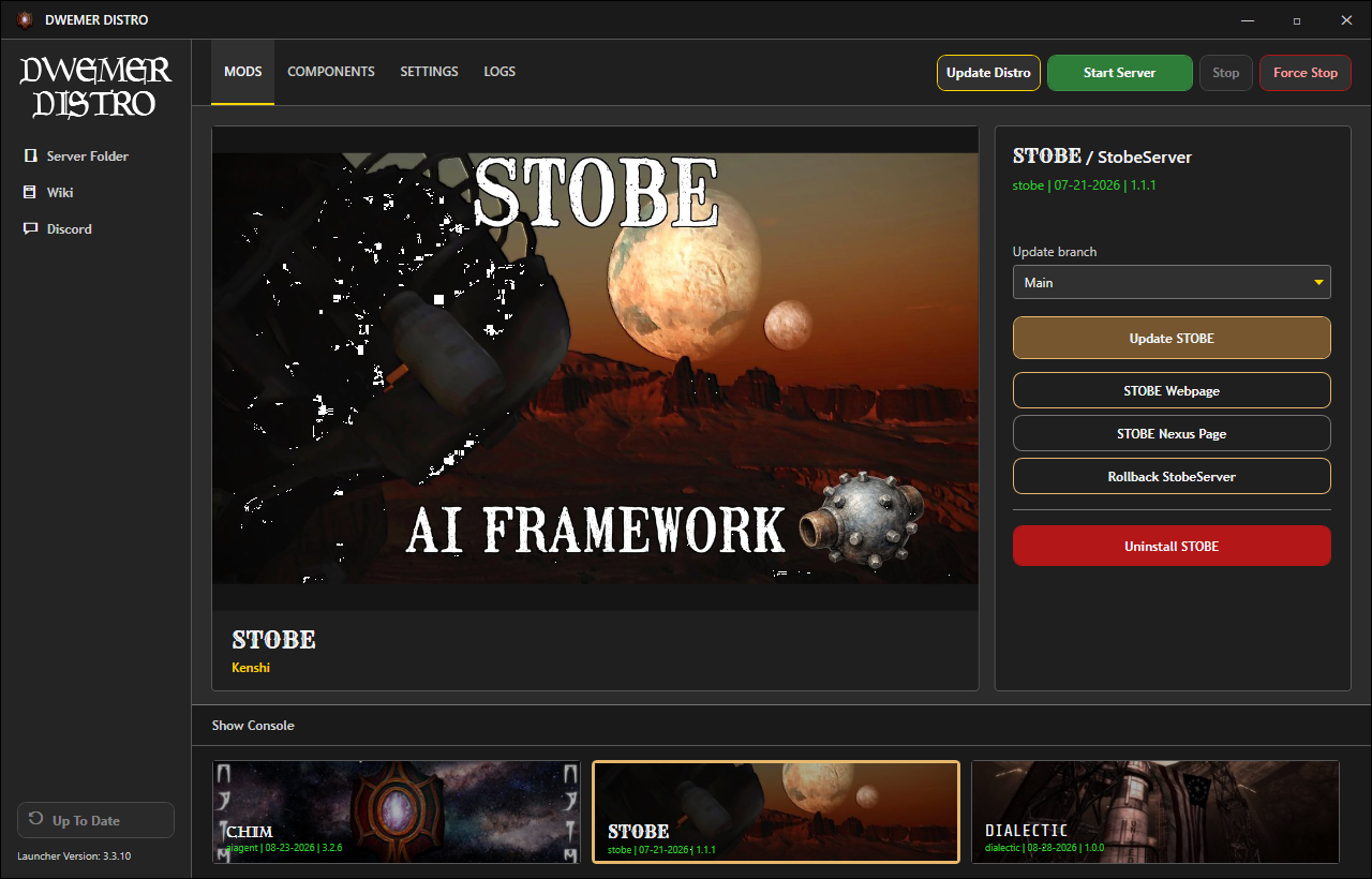 DwemerDistro STOBE Mods page with Update STOBE and STOBE Webpage controls