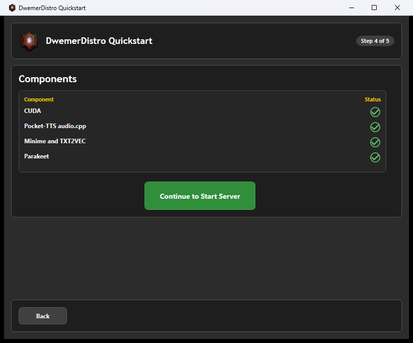 DwemerDistro Quickstart Components step with installed component status checks