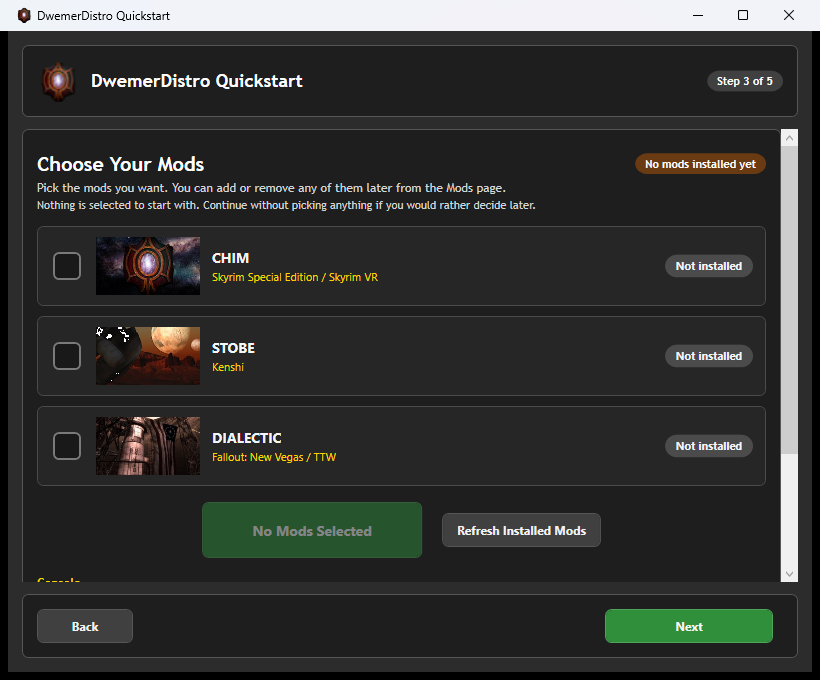 DwemerDistro Quickstart Choose Your Mods screen with no mods selected