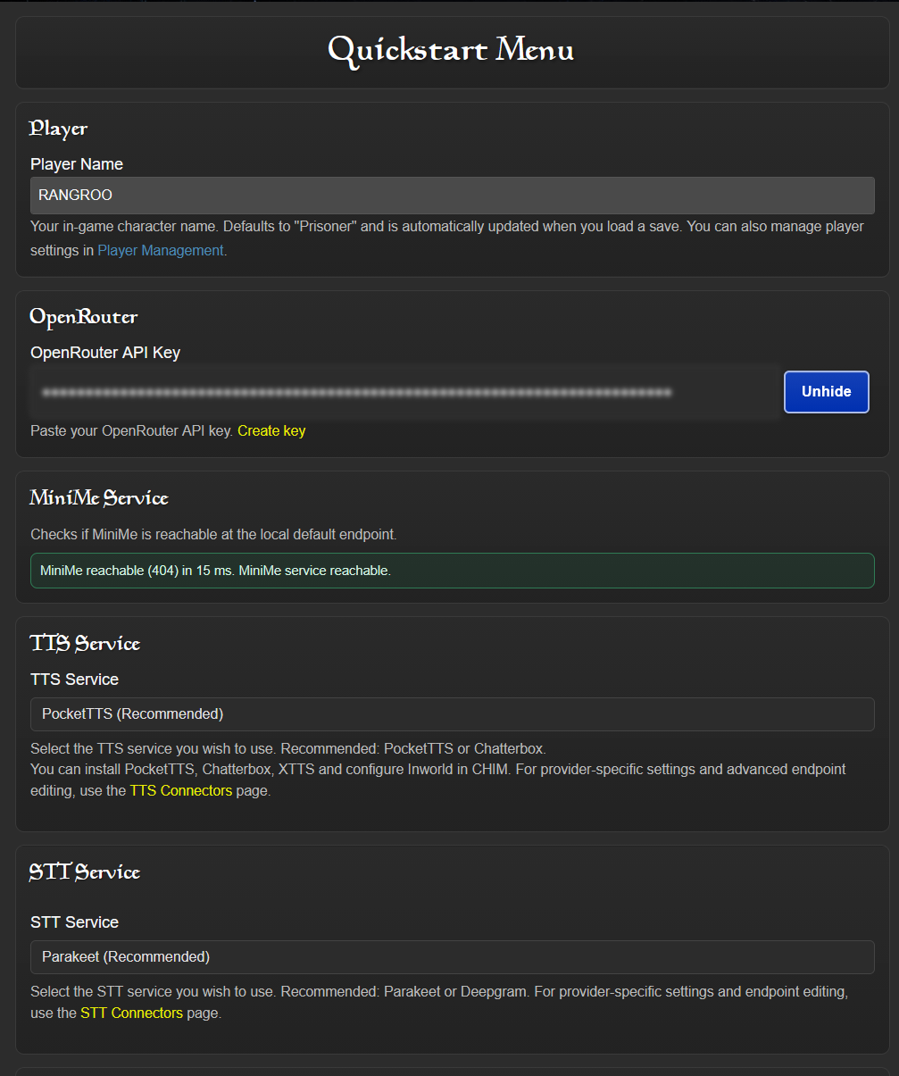 CHIM quickstart menu