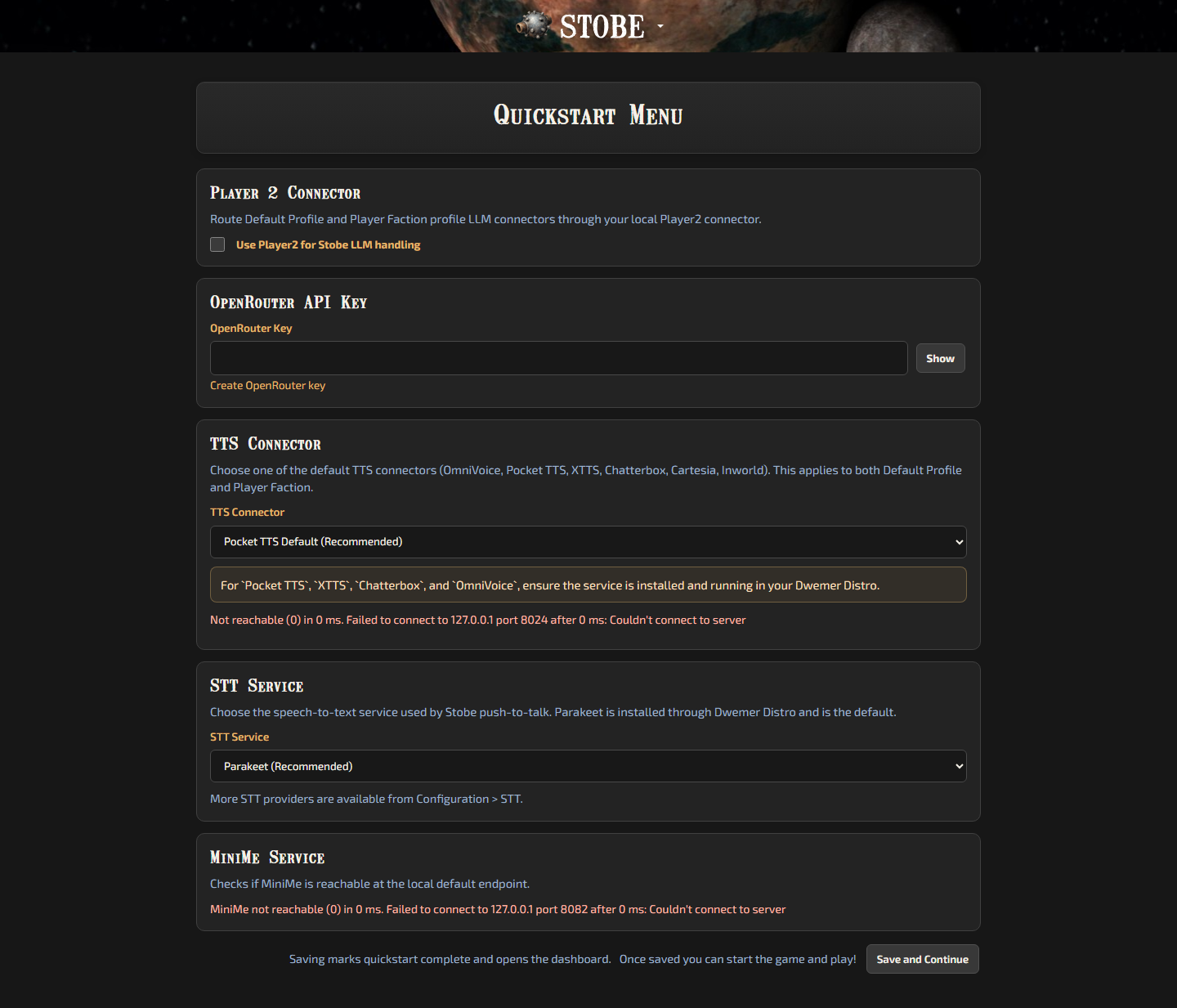 STOBE web Quickstart Menu with Player2, OpenRouter, TTS, STT, and MiniMe settings