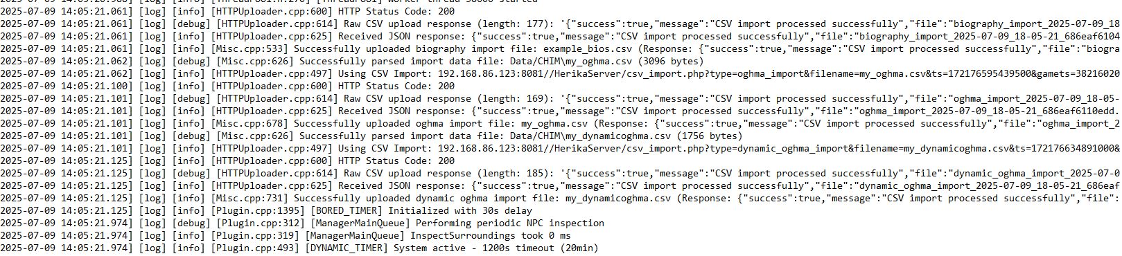 AIAgent log showing successful CSV imports